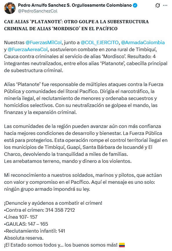 Neutralizan a cuatro disidentes de las FARC en Timbiquí