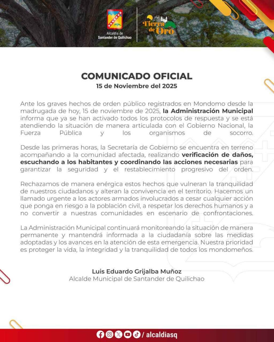 Alcaldía de Quilichao activa protocolos ante crisis en Mondomo