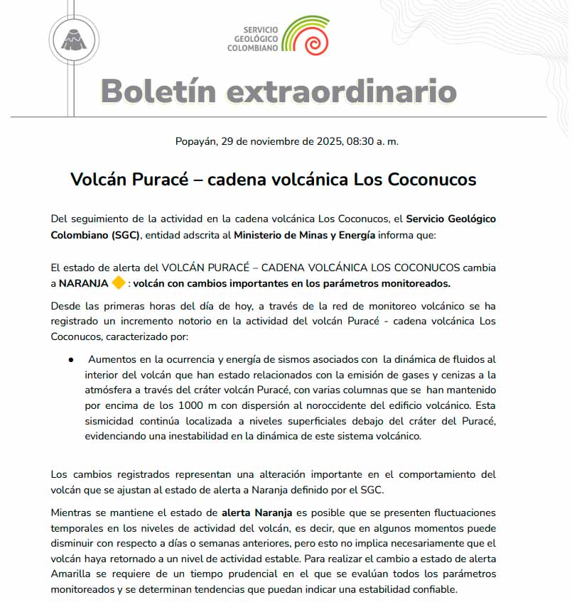 Alerta naranja por actividad del volcán Puracé