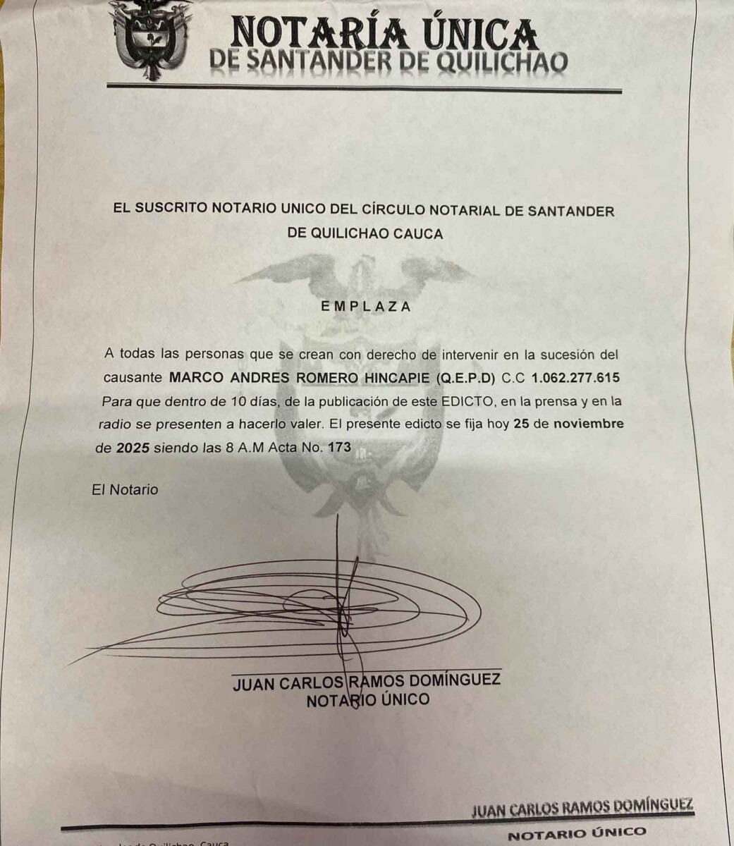 Atención a este Edicto por fallecimiento de Marco Andres Raomero Hincapie