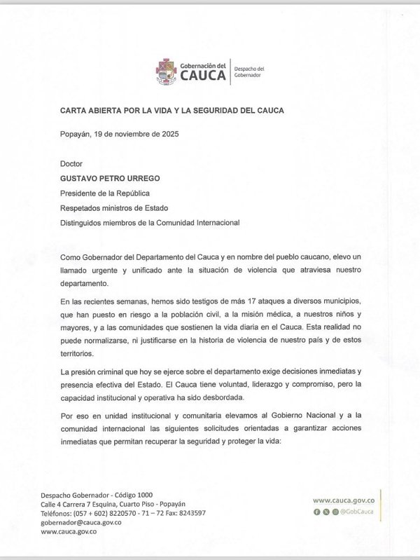 Carta urgente del Cauca al Gobierno y al mundo