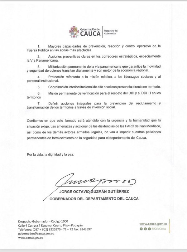 Carta urgente del Cauca al Gobierno y al mundo