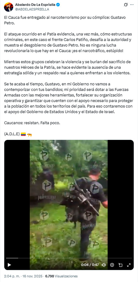 De La Espriella arremete contra Petro por crisis de orden público en el Cauca