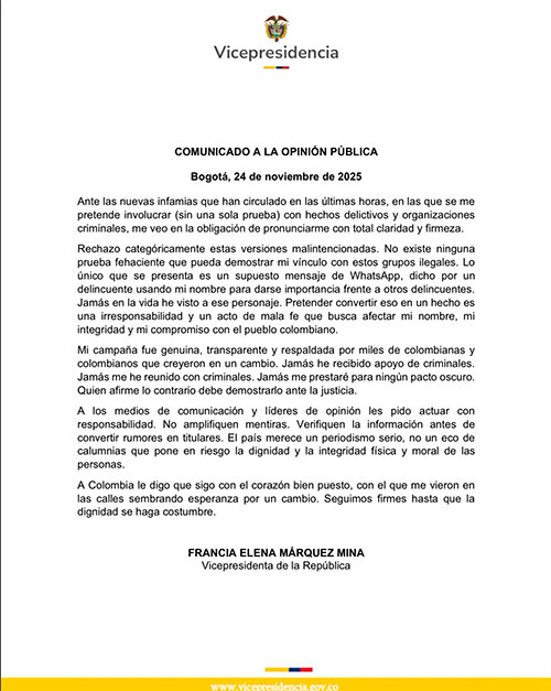 Francia Márquez niega vínculo con chats de disidencias Francia Márquez niega vínculo con chats de disidencias
