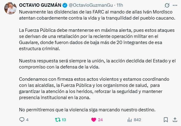 Gobernador del Cauca pide máxima alerta tras nueva escalada violenta