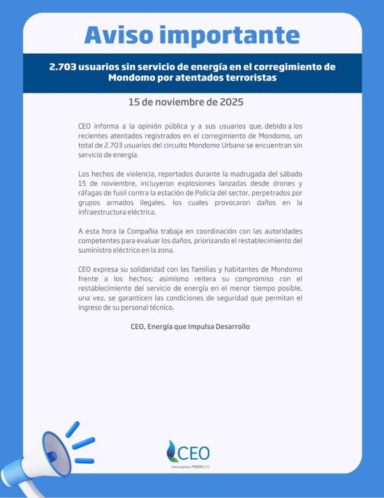 Tras las balas, llega el apagón 2.703 familias afectadas en Mondomo Tras las balas, llega el apagón 2.703 familias afectadas en Mondomo