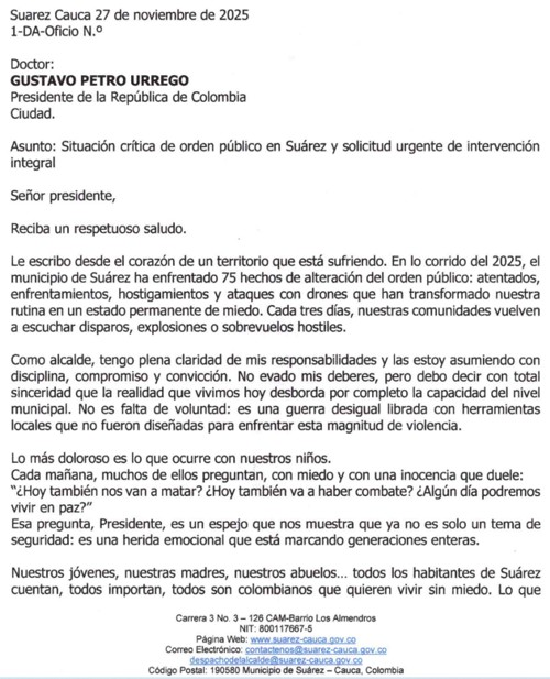 Alcalde de Suárez pide intervención de Petro Alcalde de Suárez pide intervención de Petro