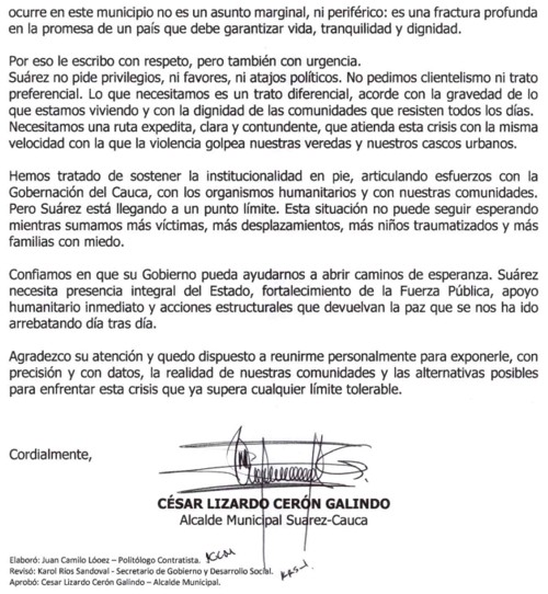 Alcalde de Suárez pide intervención de Petro Alcalde de Suárez pide intervención de Petro
