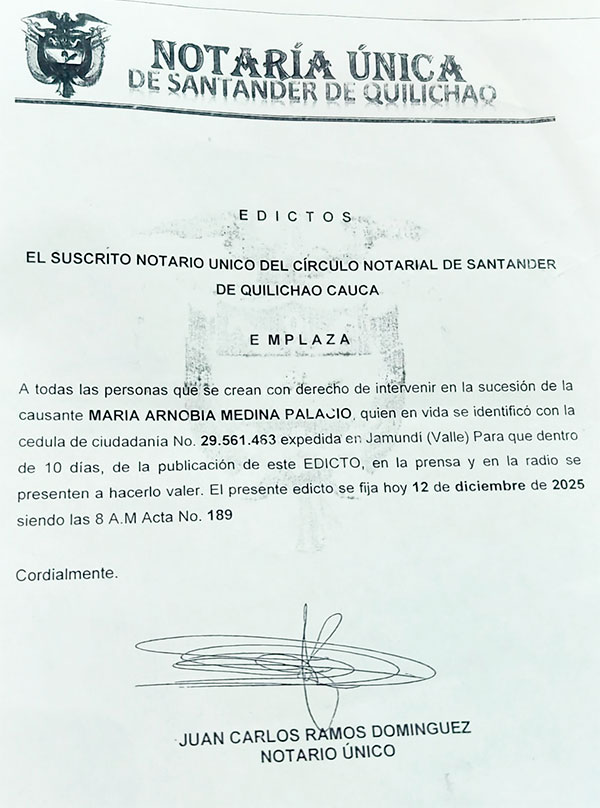 Atención al siguiente edicto de sucesión: María Arnobia Medina Atención al siguiente edicto de sucesión: María Arnobia Medina