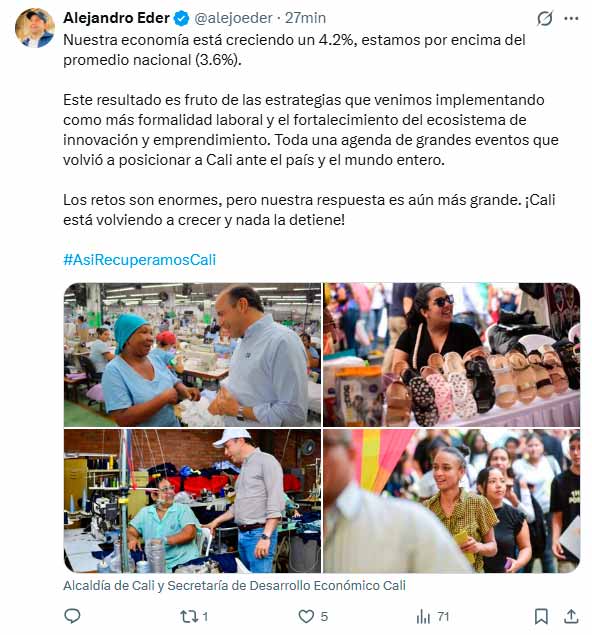 Eder destaca crecimiento económico de Cali por encima del país Eder destaca crecimiento económico de Cali por encima del país