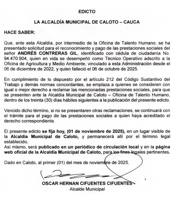 Edicto pago de prestaciones sociales - Alcaldía de Caloto - Andrés Contreras Gil.