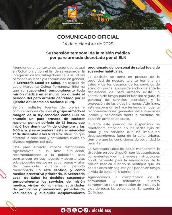 Quilichao suspende misión médica por prevención tras anuncio del ELN Quilichao suspende misión médica por prevención tras anuncio del ELN